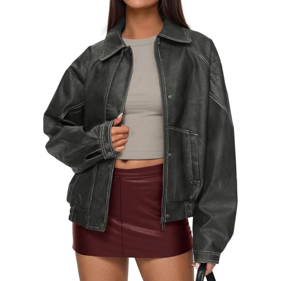 "Leather Jacket Women Bomber Motorcycle Zip Up Oversized Fall Winter Fashion - Picture 1 of 8